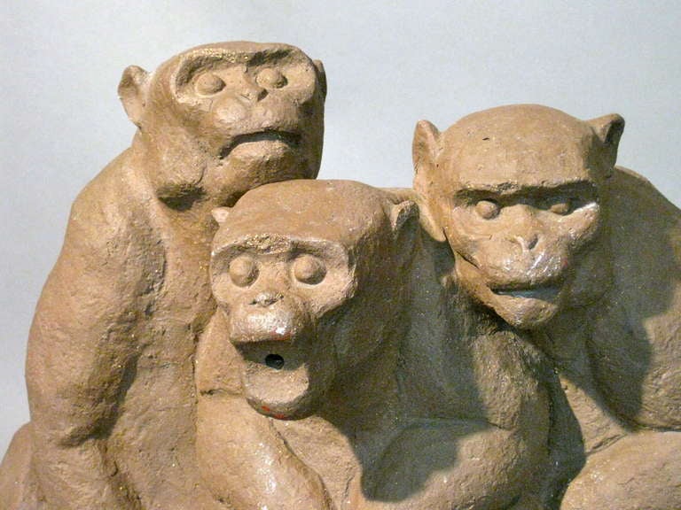 Three Monkeys Hand Built Terracotta Fountain/Sculpture c.1960s In Good Condition In Easton, PA