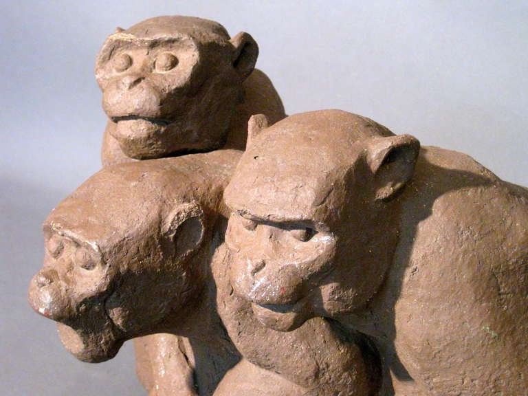 Three Monkeys Hand Built Terracotta Fountain/Sculpture c.1960s 3