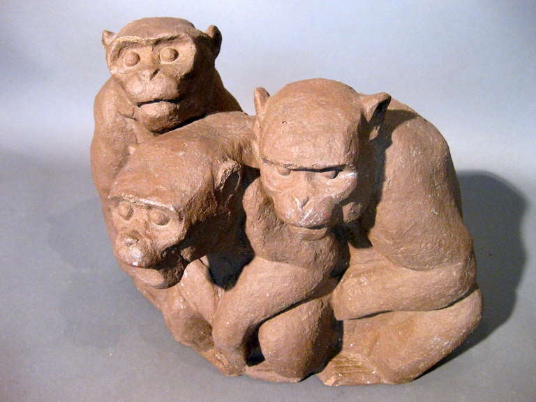 Three Monkeys Hand Built Terracotta Fountain/Sculpture c.1960s 1