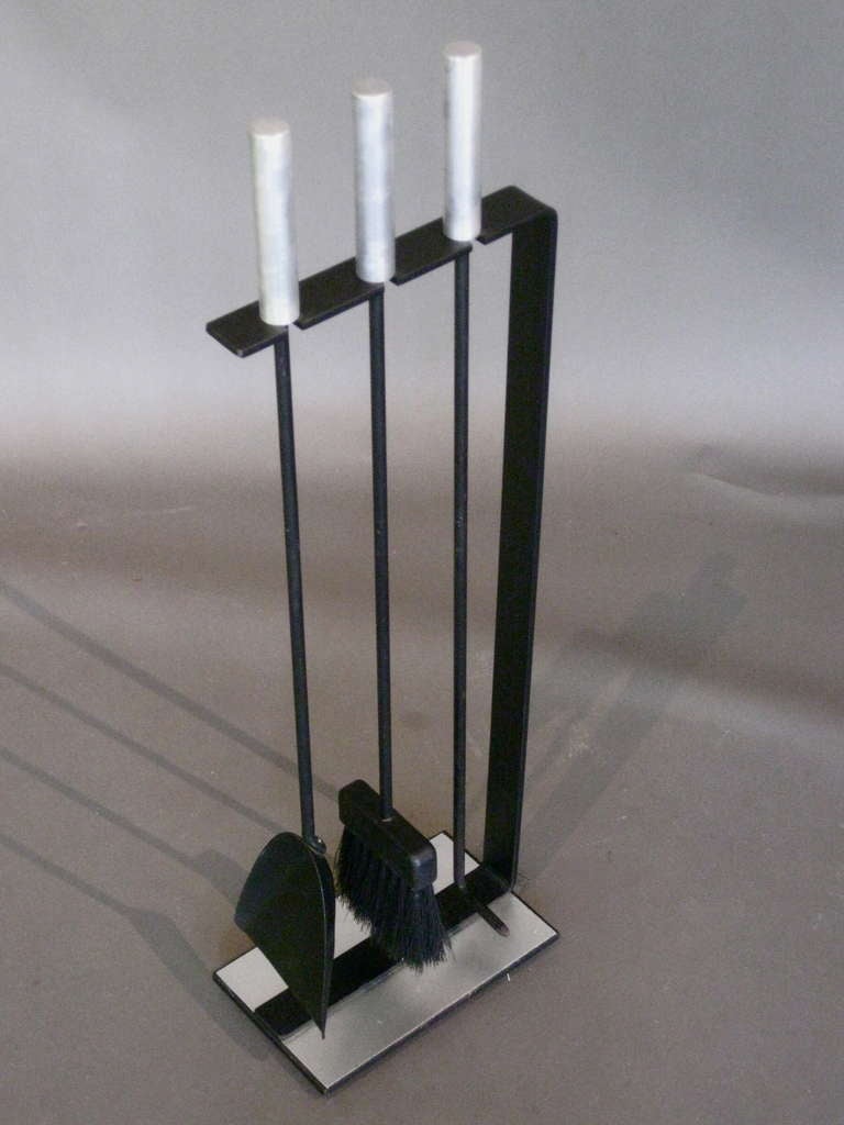 American Minimalist Fireplace Tools Set with Brushed Aluminum Handles & Base
