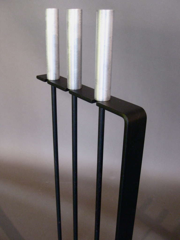 Wrought Iron Minimalist Fireplace Tools Set with Brushed Aluminum Handles & Base