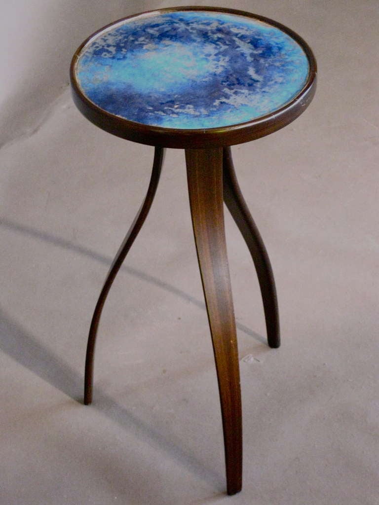 Rare blue and silver enamel top tripod Mahogany side table by Harvey Probber made for his own firm c.1950s.

WEEKLY DELIVERIES TO MANHATTAN FOR APPROVAL OR SALES. STANDARD DELIVERY FEE IS $150.