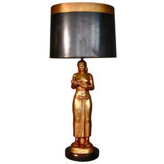 Monumental Gilded Plaster Table Lamp with Original Shade, circa 1940s