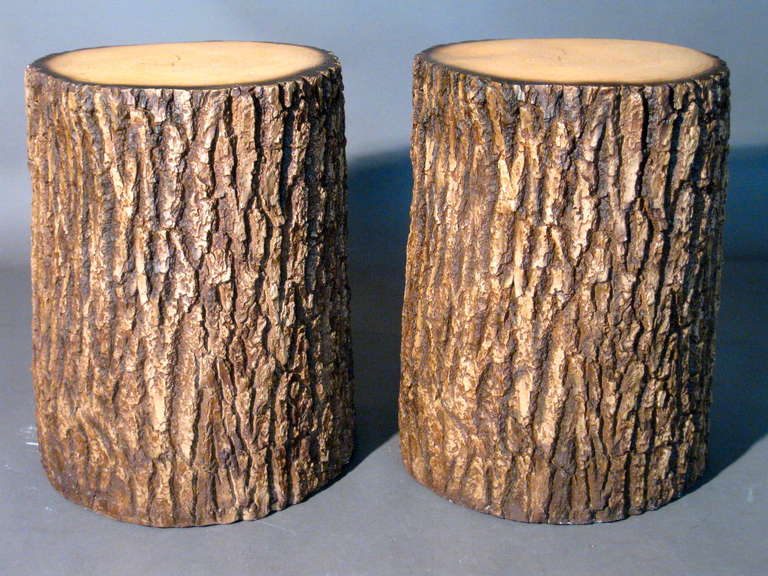 Pair 1970s Faux Bois Plaster Side Tables