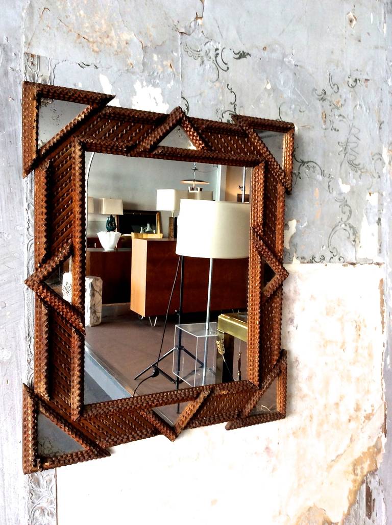 Tramp Art Wall Mirror with Inset Mirrors, circa 1900s