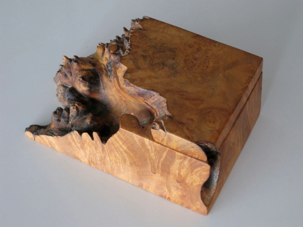 Dramatic American Studio Craft burl wood box made by Michael Elkan c.1980's. In the spirit of the work of George Nakashima. Signed.
