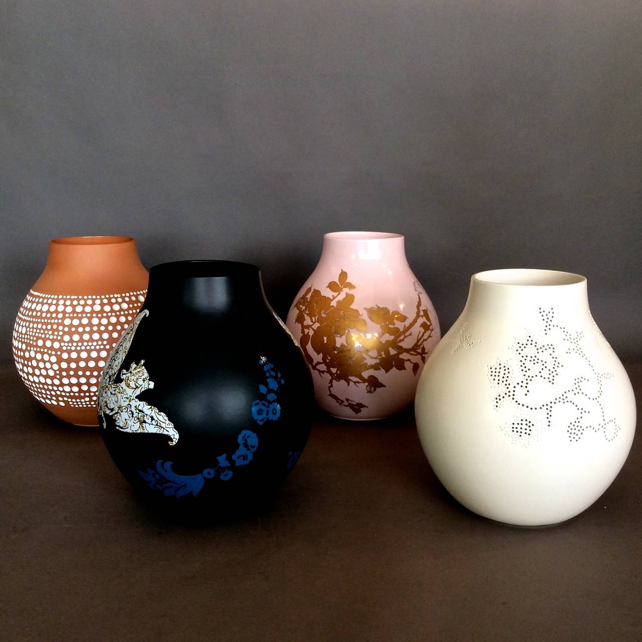 The complete set of four ceramic vases, two of them incised, designed in 2005 by Hella Jongerius for Ikea. Out of production.

WEEKLY DELIVERIES TO MANHATTAN FOR APPROVAL OR SALES. STANDARD DELIVERY FEE IS $150.