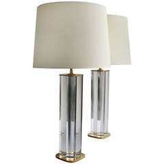 Pair 1970's Lucite & Brass Table Lamps by Hansen