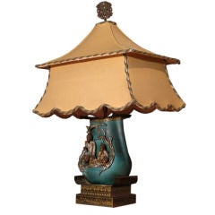 Fantoni Chinoiserie Ceramic Lamp w/ Original Pagoda Shade