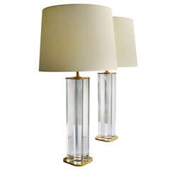 Pair Lucite & Brass Table Lamps Attributed to Hansen