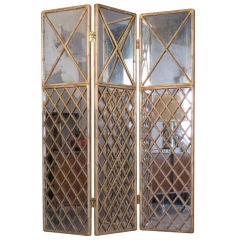 1960's Faux Bamboo Wood & Mirror Three Panel Folding Screen