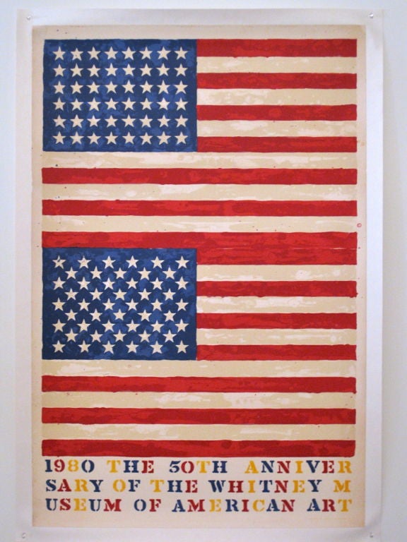 Jasper Johns designed poster for the 50th Anniversary of the Whitney Museum produced by Gemini G.E.L. in 1979.  This poster has been professionally linen backed with archival acid-free linen. Dimensions of poster with linen backing are: 48.25