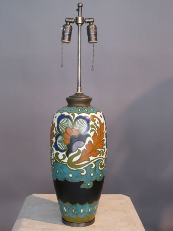 Dutch 1925 Hand Painted Gouda Ceramic Lamp by Andreus Marinus Rijp