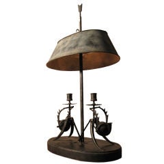 Antique 1920's Bouillotte Lamp with 19th C. Cast Iron Inkwells