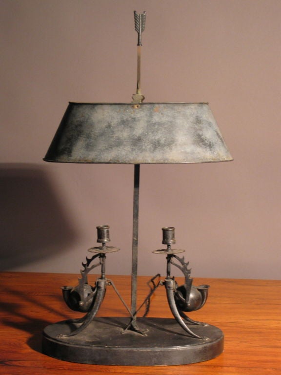 1920's Bouillotte Lamp with 19th C. Cast Iron Inkwells