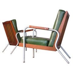 Retro American Pair of Oak & Tubular Alumium Lounge Chairs c.1950's