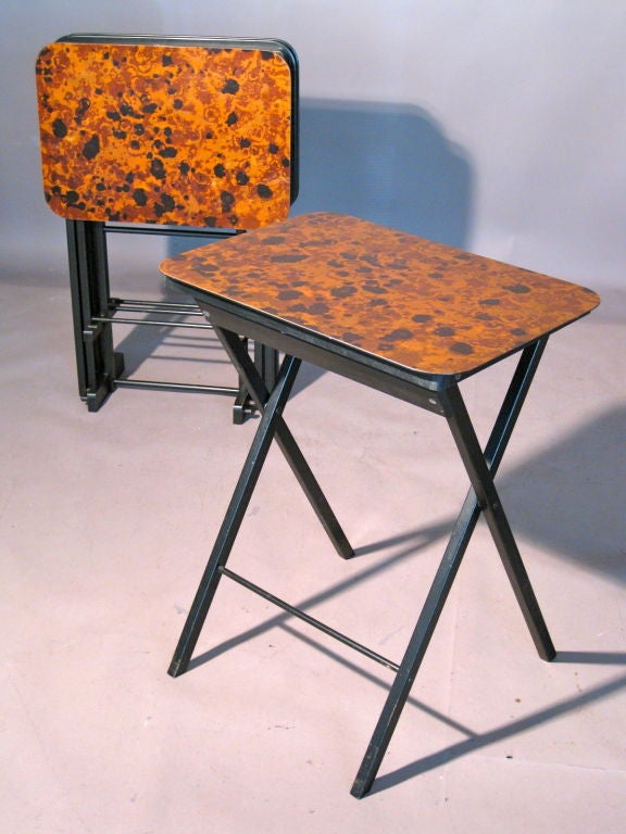 Wood Set of Four Folding Serving Tables w/ Faux Tortoise Laminate