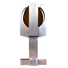 French Brutalist Brushed Steel & Glass Table Lamp c.1970
