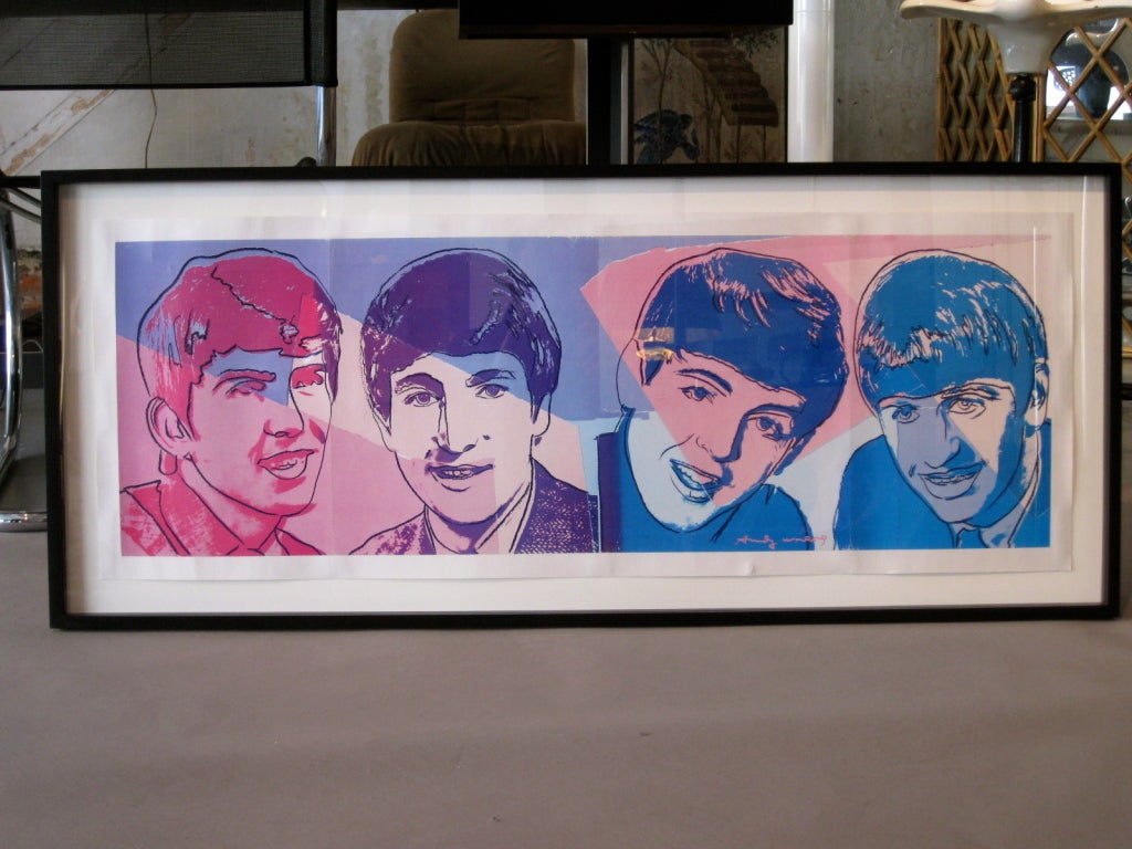 Portrait of the four Beatles by Andy Warhol done as a free fold-out poster included in the book THE BEATLES by Geoffrey Stokes published by NY TIMES Books/Rolling Stone Press in 1980.  This poster has been professionally backed on acid free linen