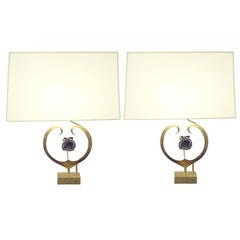 An Exceptional Pair of Table Lamps in Brass and Amethyst Quartz by Willy Daro