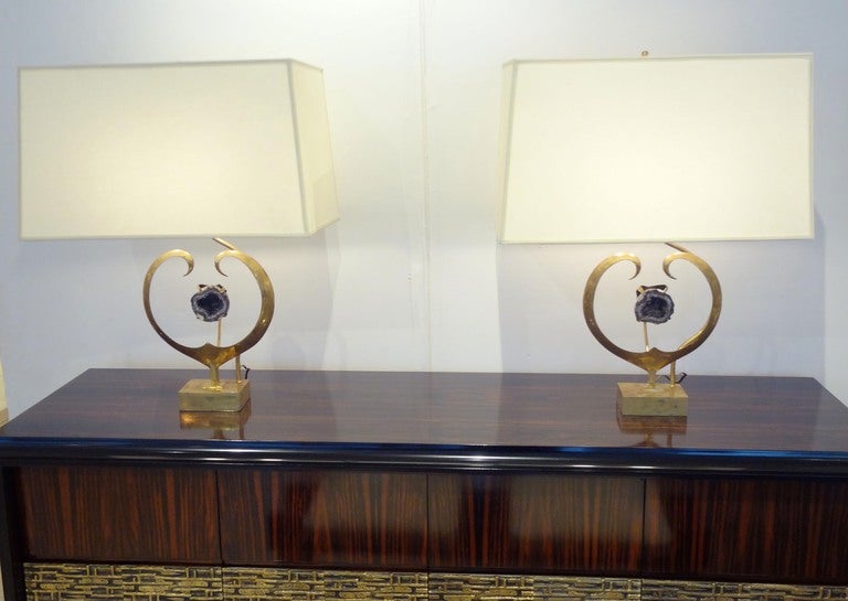 An Exceptional Pair of Table Lamps in Brass and Amethyst Quartz by Willy Daro