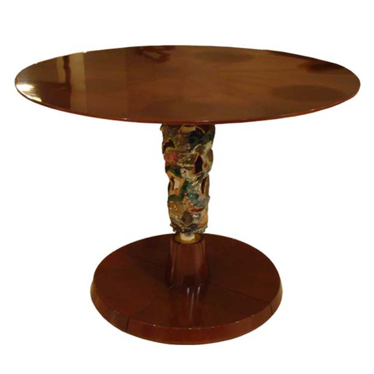Center Table in Mahogany with Ceramic Work by Pietro Melandri, Italy, circa 1950 For Sale