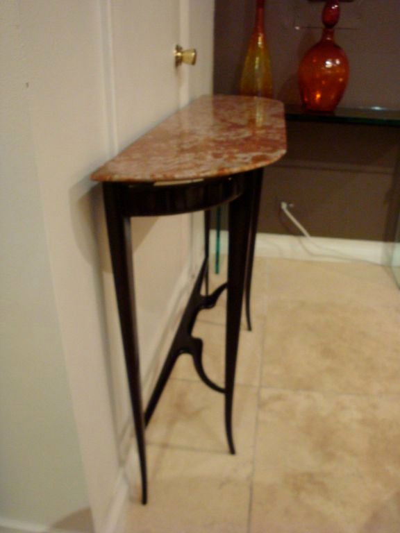 A Mid Century Demi Lune Console in Ebonised Mahogany and Marble 1