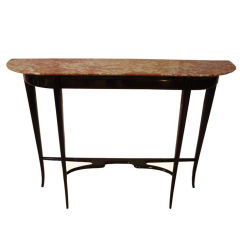 A Mid Century Demi Lune Console in Ebonised Mahogany and Marble