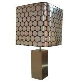 A Square Steel Table Lamp with a Silver Dot Fabric Shade A Square Steel Table Lamp with a Silver Dot Fabric Shade