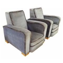 A Pair of Club Chairs in Slate Blue Velvet by Jacques Adnet