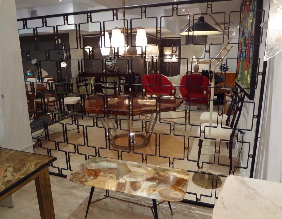 Mid-Century Modern Jean Royere Large Wrought Iron and Brass Screen Room Divider For Sale