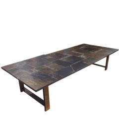 A Cocktail Table in Brass, Slate & Hand Thrown Tile, Produced by