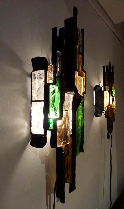 Mid-Century Modern Pair Wall Sconces in Steel and Glass in the style of Poliarte Italy circa 1965 For Sale