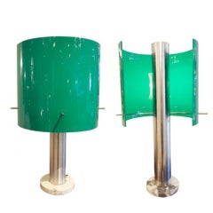 A Matched Pair of Table Lamps in Chrome, Marble and Perspex