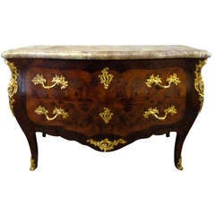 19th c. Louis XV Style Inlayed and Ormolu Commode with Marble Top