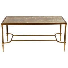 Mid-century French Bronze Coffee Table with Gold Mottled Glass Top