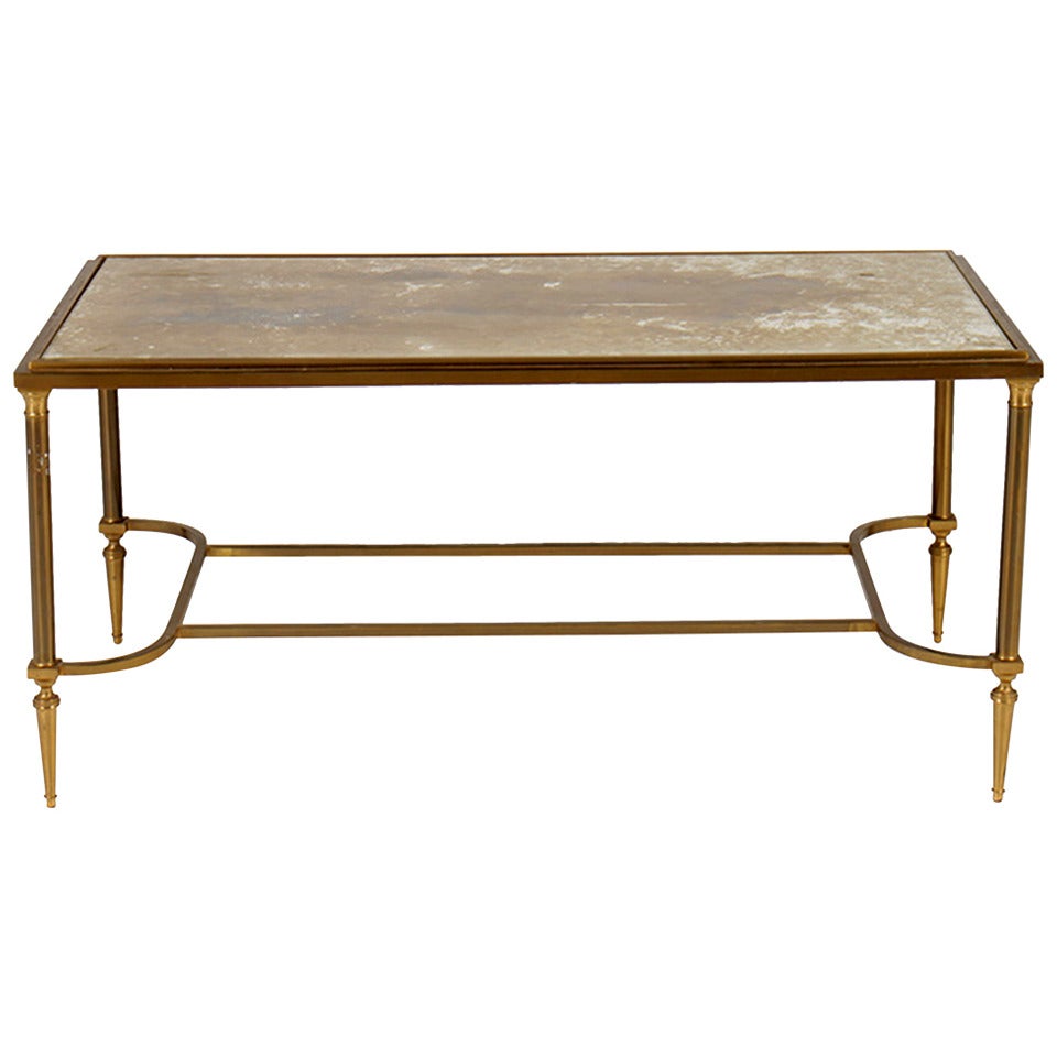 Mid-century French Bronze Coffee Table with Gold Mottled Glass Top For Sale