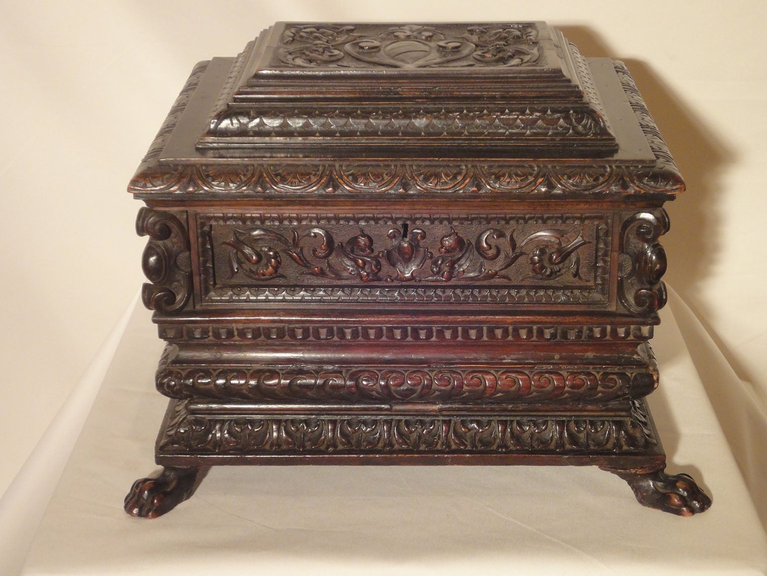 Well-Carved Italian Mahogany Casket for Valuables For Sale
