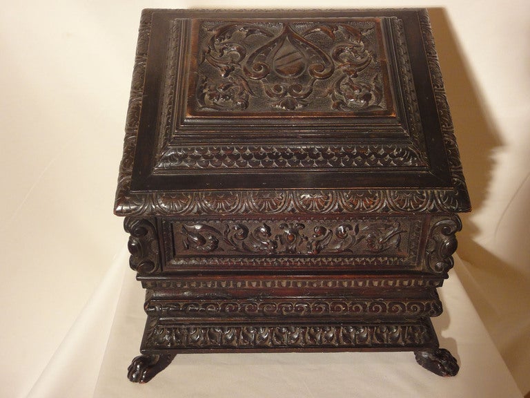 19th Century Well-Carved Italian Mahogany Casket for Valuables For Sale