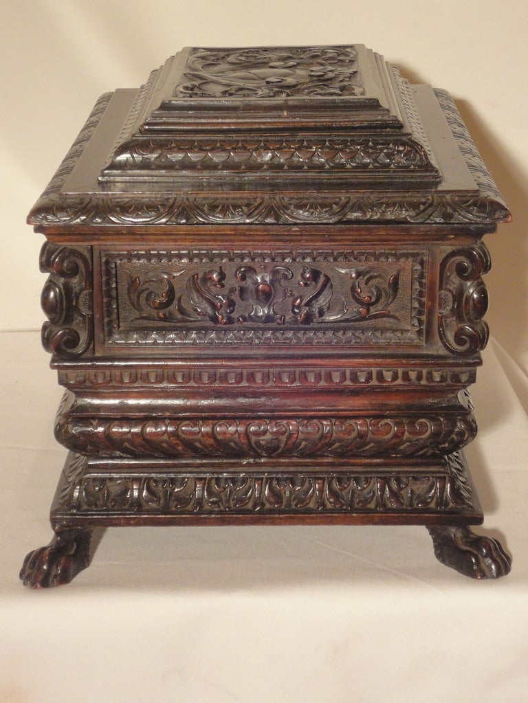 Well-Carved Italian Mahogany Casket for Valuables For Sale 1