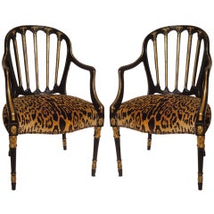 A Pair of Black & Gilt Sheraton Style Armchairs
