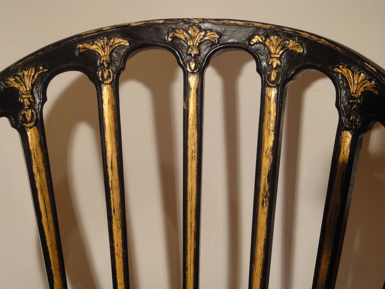 Lacquer A Pair of Black & Gilt Sheraton Style Armchairs