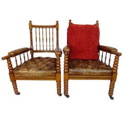 Antique 19th c. Pair of His-and-hers English Oak and Leather Armchairs