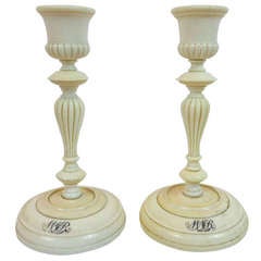 Antique 19th c. Pair of Biedermeier Ivory Candlesticks
