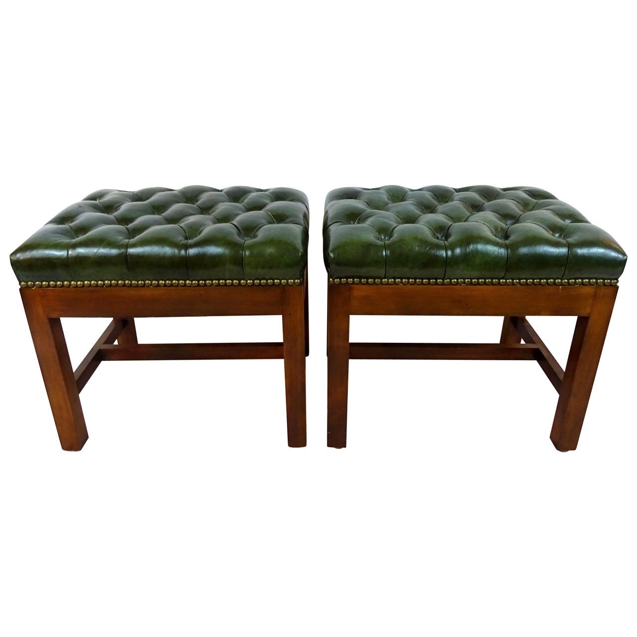 Pair of 20th Century Stools Upholstered in Green Tufted Leather