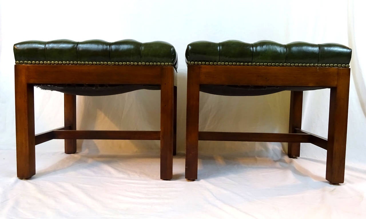 American Pair of 20th Century Stools Upholstered in Green Tufted Leather