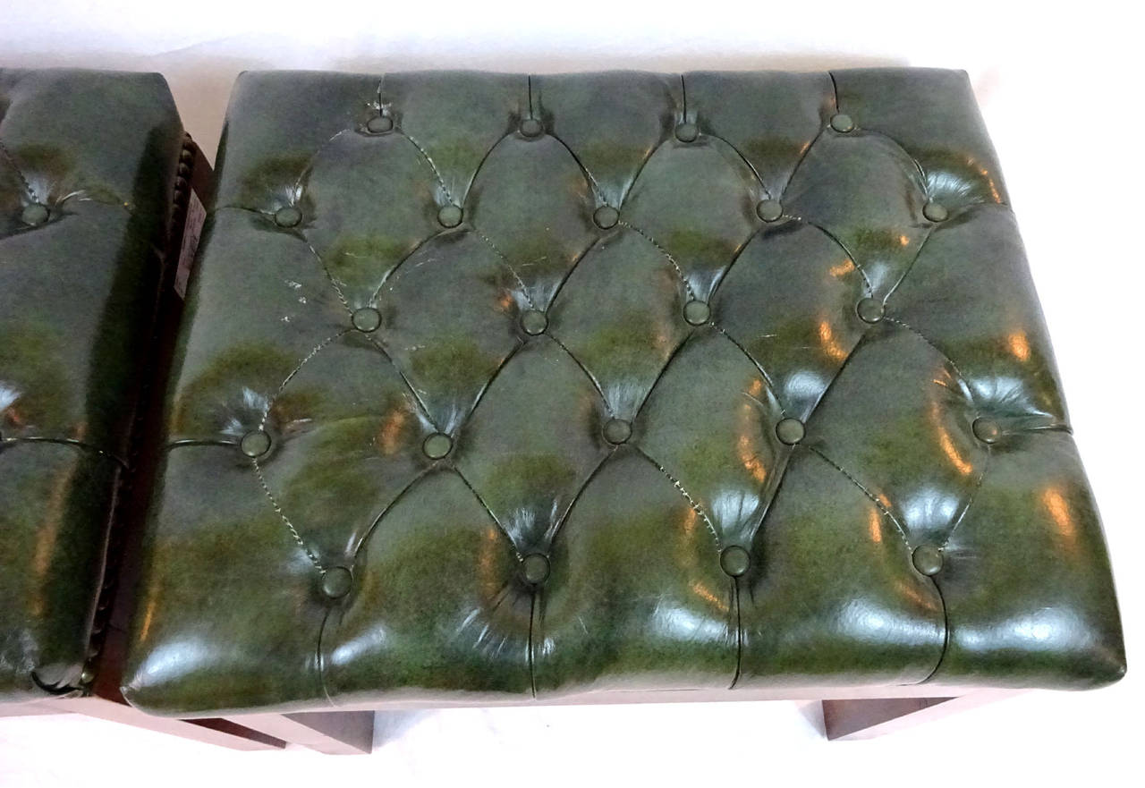 Pair of 20th Century Stools Upholstered in Green Tufted Leather 1