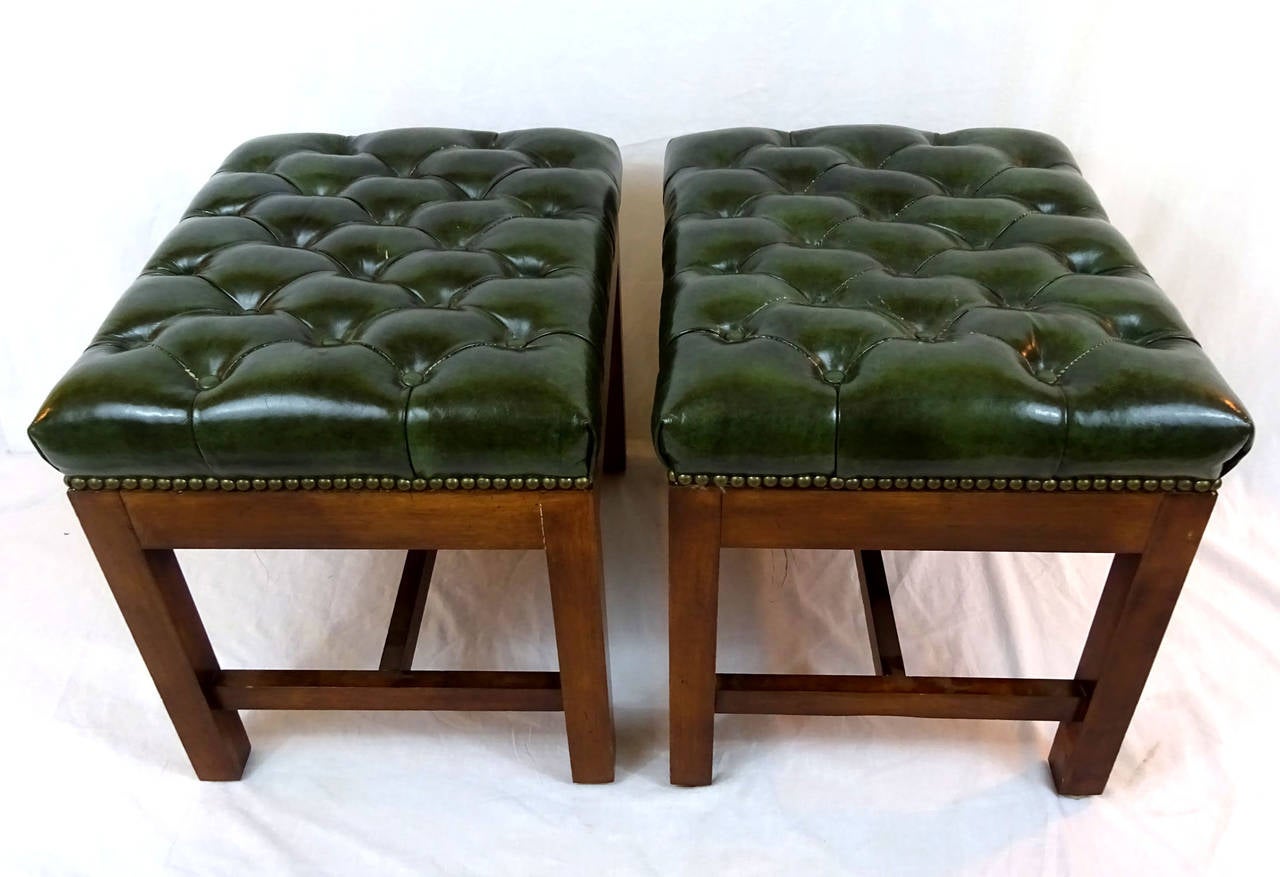 Pair of 20th Century Stools Upholstered in Green Tufted Leather 2