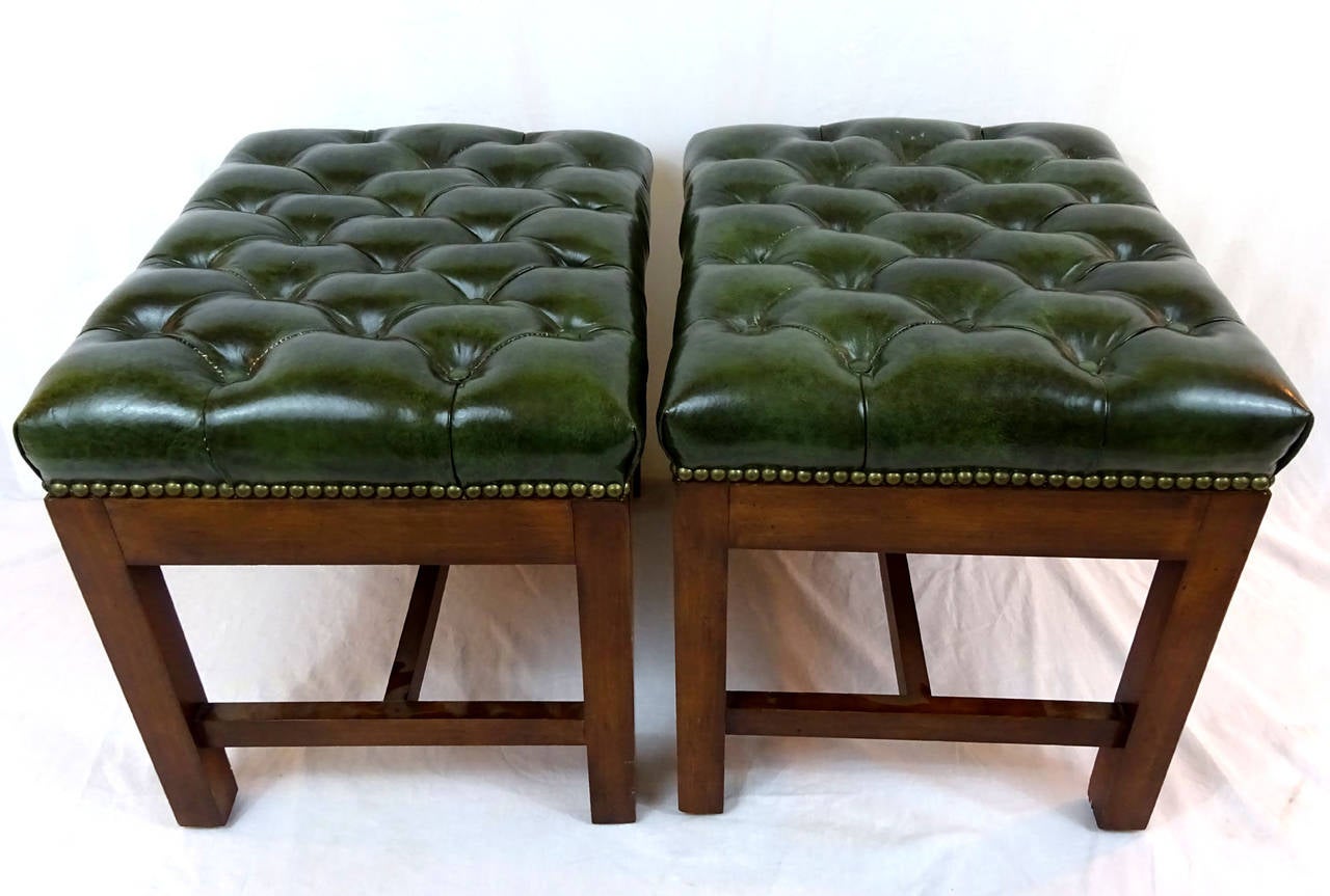 Pair of 20th Century Stools Upholstered in Green Tufted Leather 4
