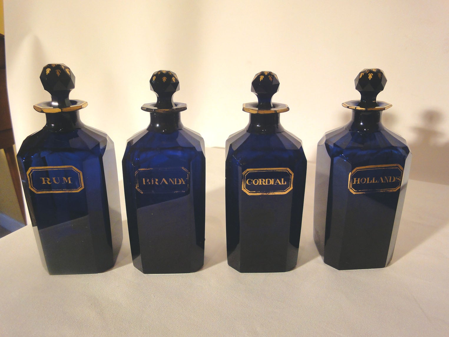 Set of 4 Bristol Blue Glass Decanters with Original Glass Stoppers